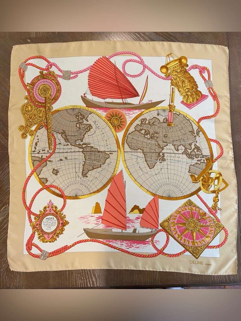 Celine Silk Scarf World Map Rope Sailboat Beige Hand Rolled Made in France